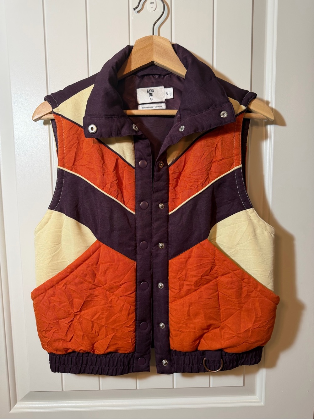 Anna Sui 20th Anniversary Colorblock Puffer Vest Snap Front Lined Unisex XS - Picture 2 of 7